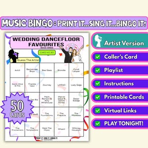 Bingo musical de 50 cartas con los favoritos de la pista de baile para bodas / Juego imprimible para barbacoas y bodas informales / Descarga instantánea en PDF / Formato de artista
