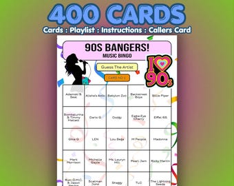 90s Music Bingo Cards – 1990s Bangers | 400 Cards | Holiday Camp Game | Guess the Artist