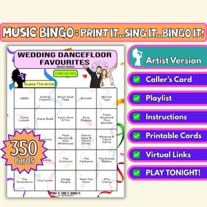 Bingo musical préféré de la piste de danse pour mariage de 350 cartes | Jeu à imprimer pour les mariages en festival, en ville ou lors d'une grande fête | Téléchargement instantané | Format d'artiste