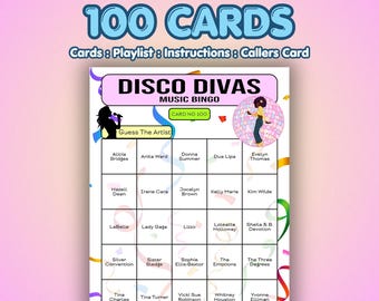 Disco Music Bingo Cards – Disco Divas | 100 Cards | Ladies Night Game | Guess the Artist |