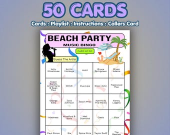 Bingokort för strandparty | 50 kort | Födelsedagsbingo | Musikquizspel
