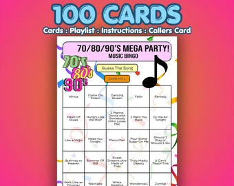 70s 80s 90s Music Bingo Cards – Decades Mega Party | 100 Cards | Girls Night Game | Song Quiz Game |
