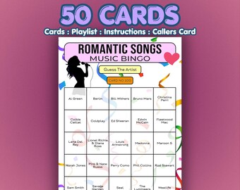 Romantic Songs Music Bingo Cards | 50 Cards | Galentines Day | Guess the Artist
