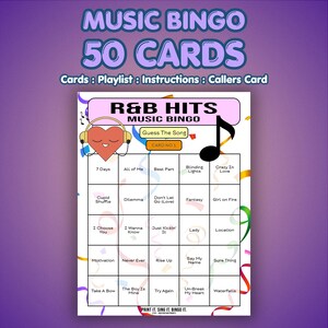 Bingo muzyczne z 50 przebojami R&B | Edycja szybka | Format utworu | Grille, spotkania towarzyskie, wieczory panieńskie lub wieczory gier | Natychmiastowe pobieranie | Spotify zdjęcie 1