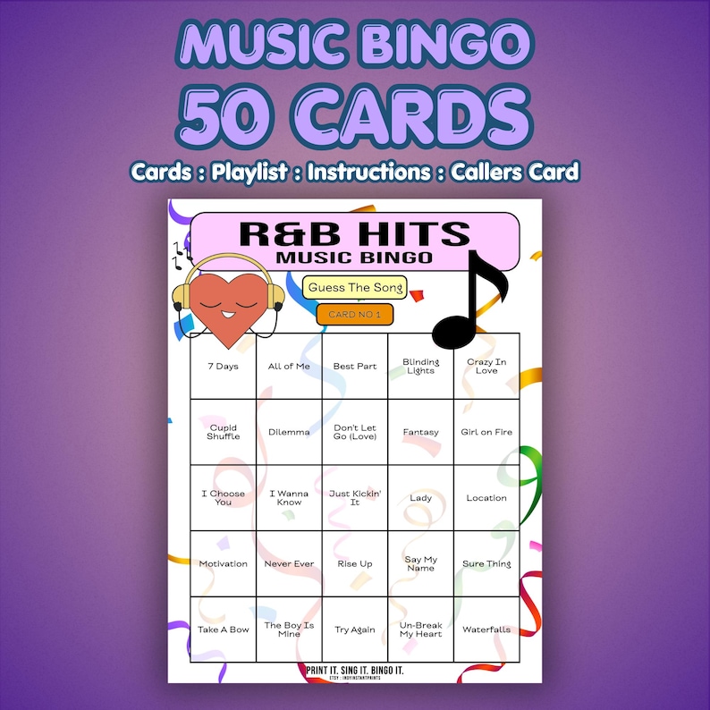 Bingo muzyczne z 50 przebojami R&B | Edycja szybka | Format utworu | Grille, spotkania towarzyskie, wieczory panieńskie lub wieczory gier | Natychmiastowe pobieranie | Spotify zdjęcie 1