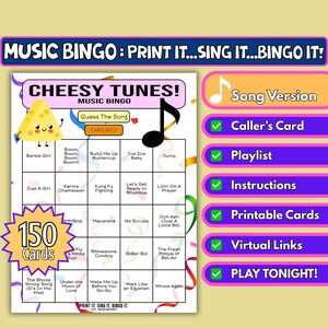 Bingo musicale Cheesy Tunes da 150 carte / Formato canzone / Gioco per feste stampabile / Download immediato / Addio al nubilato, gioco Zoom, serata tra ragazze / Inni pop