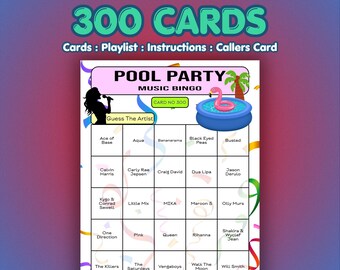 Bingo musical para fiestas en la piscina / 300 tarjetas / Juego para fiestas de empresa / Juego de preguntas sobre canciones