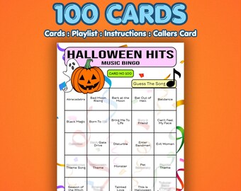 Bingo musical de Halloween – Éxitos de Halloween / 100 tarjetas / Juego de películas de terror / Adivina la canción