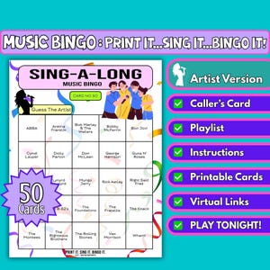 Bingo musical de 50 cartas para cantar a coro / Juego imprimible para noches de pub, celebraciones grupales y eventos comunitarios / Descarga instantánea / Formato artista