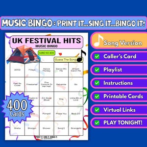 Cartelle da bingo con 400 successi musicali del festival del Regno Unito / Gioco stampabile per tendoni di festival, serate di beneficenza e quiz al pub / Download immediato / Formato canzoni