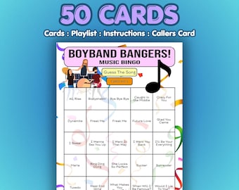 Juego de bingo musical de boy bands / 50 tarjetas / Bingo de cumpleaños / Adivina la canción
