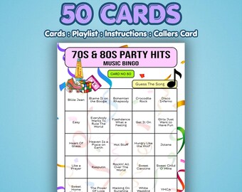Cartones de Bingo Musical de los 70 y 80 – Éxitos de Fiesta de los 70 y 80 / 50 Cartones / Juego de Cumpleaños 40 / Adivina la Canción
