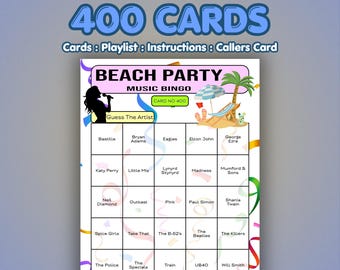 Bingo de música para fiestas en la playa / 400 tarjetas / Juego de fiesta en equipo / Juego de preguntas y respuestas musicales