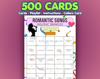 Romantic Songs Music Bingo Cards | 500 Cards | Bar Night Game | Guess the Artist