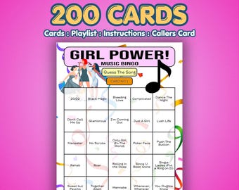 Girl Power Music Bingo Cards | 200 Cards | Charity Event Game | Song Quiz Game