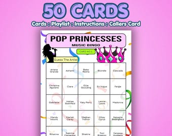 Bingo musicale delle principesse del pop / 50 cartelle / Gioco per serate tra ragazze / Quiz musicale
