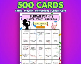 Pop Hits Music Bingo Cards | 500 Cards | Charity Event Game | Guess the Artist