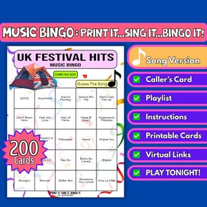200 cartelle di bingo con le hit musicali dei festival del Regno Unito / Gioco stampabile per tendoni di festival, serate di beneficenza e quiz al pub / Download immediato / Formato canzoni