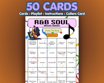 RnB Music Bingo Cards – R&B Soul | 50 Cards | Birthday Bingo | Guess the Song