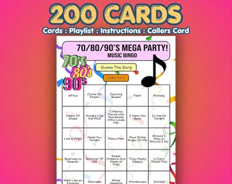 70s 80s 90s Music Bingo Cards – Decades Mega Party | 200 Cards | Staff Party Game | Guess the Song |
