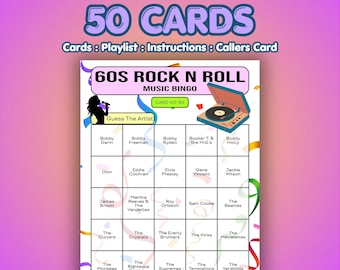 60s Music Bingo Cards – 1960s Rock N Roll | 50 Cards | 80th Birthday Game | Name That Artist