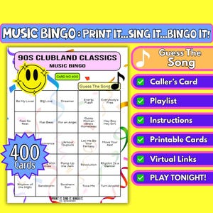 Juego de bingo musical imprimible de 400 cartas con clásicos de los 90 para festivales, fiestas de verano y grandes eventos de equipo. Formato de canción. Descarga instantánea.