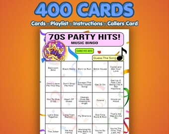 70s Music Bingo Cards – 1970s Party Hits | 400 Cards | 70th Birthday Game | Guess the Song |
