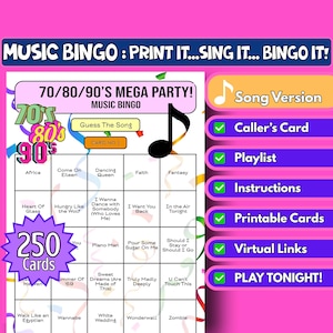 250 cartelas de bingo com música para festa dos anos 70/80/90 | Jogo de festa para imprimir | Jogo de festa para família | Download instantâneo | Jogo de bingo virtual | Décadas