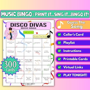 300 Card Disco Divas Music Bingo, 70s Disco Hits, Female Icons – Public bingo event game, Partygame | Guess the Song | Instant Download PDF