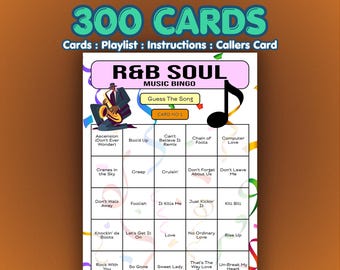 RnB Music Bingo Cards – R&B Soul | 300 Cards | Charity Event Game | Song Quiz Game |