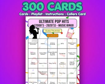 Bingo de éxitos pop / 300 cartones / Juego para fiestas de empresa / Concurso de preguntas y respuestas musicales