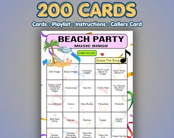 Beach Party Music Bingo Cards | 200 Cards | Ladies Night Game | Name That Artist