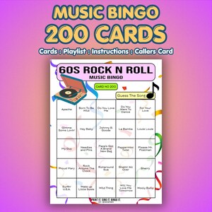 May include: A 60s Rock N Roll Music Bingo game card with 200 cards. The card features a vintage record player graphic and song titles like "Hey Baby" and "Proud Mary". The card includes instructions and a caller's card.
