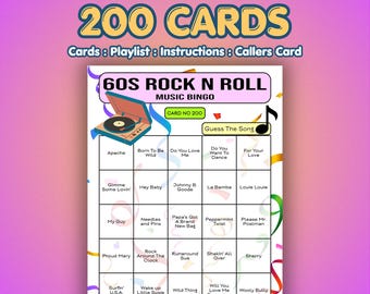 60s Music Bingo Cards – 1960s Rock N Roll | 200 Cards | Care Home Activity | Song Quiz Game