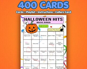 Tarjetas de Bingo Musical de Halloween – Éxitos de Halloween / 400 Tarjetas / Juego de Clásicos de Terror / Adivina la Canción