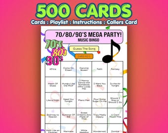 70s 80s 90s Music Bingo Cards – Decades Mega Party | 500 Cards | Holiday Camp Game | Song Quiz Game |
