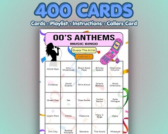 Tarjetas de Bingo Musical de los 2000 – Himnos de los 00 / 400 Tarjetas / Juego para Eventos Benéficos / Juego de Trivia Musical
