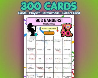 90s Music Bingo Cards – 1990s Bangers | 300 Cards | Office Party Game | Name That Artist |