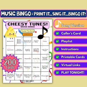 200-Karten Cheesy Tunes Musik Bingo | Song-Format | Party Spiel zum Ausdrucken | Sofortdownload | Junggesellinnenabschied, Zoom-Spiel, Mädelsabend | Pop Hymnen