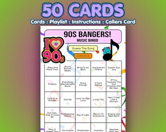 Tarjetas de Bingo Musical de los 90 – Éxitos de los 90 / 50 Tarjetas / Juego para Noche de Chicas / Juego de Preguntas sobre Canciones