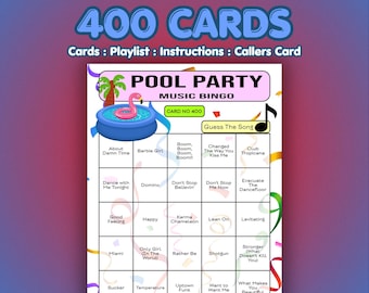 Cartelas de Bingo Musical para Festa na Piscina | 400 Cartelas | Jogo para Grupos Grandes | Jogo de Quiz de Músicas