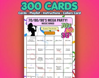 70s 80s 90s Music Bingo Cards | Guess the Artist | Bar Night Game | 300 Cards