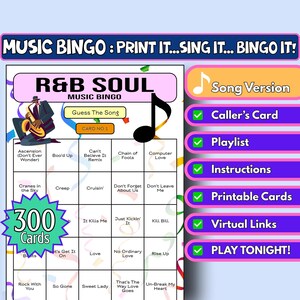 300-Card R&B Soul Music Bingo | Song Format | Printable Party Game | Instant Download | Girls Night, Hen Do, Virtual Bingo | 90s 00s Soul