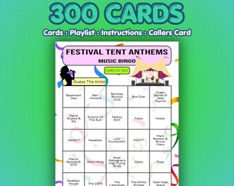 Festival Music Bingo Cards – Tent Anthems | 300 Cards | Indie Rock Game | Name That Artist