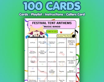 May include: A music bingo game card with the text "MUSIC BINGO 100 CARDS" at the top. The card features a grid with song titles like "A-Punk" and "Seven Nation Army". The game is themed around "FESTIVAL TENT ANTHEMS".