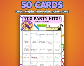 Tarjetas de Bingo Musical de los 70 – Éxitos de Fiesta de los 70 / 50 Tarjetas / Juego para Noche de Chicas / Juego de Preguntas sobre Canciones /