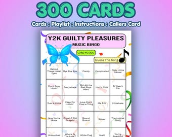 Tarjetas de bingo musical "Placeres culpables del año 2000" / 300 tarjetas / Juego para fiesta de 40 cumpleaños / Adivina la canción / Lista de reproducción de Spotify incluida
