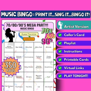 350 cartelas de bingo com música para festa dos anos 70/80/90 | Formato do artista | Jogo de festa para impressão em família | Download instantâneo | Jogo de bingo virtual | Décadas