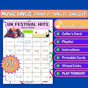 Cartelle da bingo con 350 successi musicali del festival del Regno Unito / Gioco stampabile per tendoni di festival, serate di beneficenza e quiz al pub / Download immediato / Formato canzoni