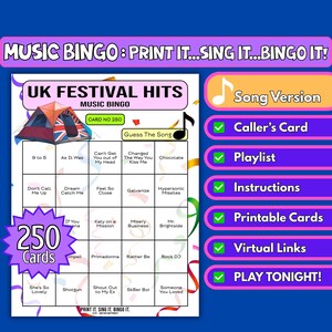 250 cartelle di bingo musicali con successi del festival del Regno Unito / Gioco stampabile per tendoni di festival, serate di beneficenza e quiz al pub / Download immediato / Formato canzoni